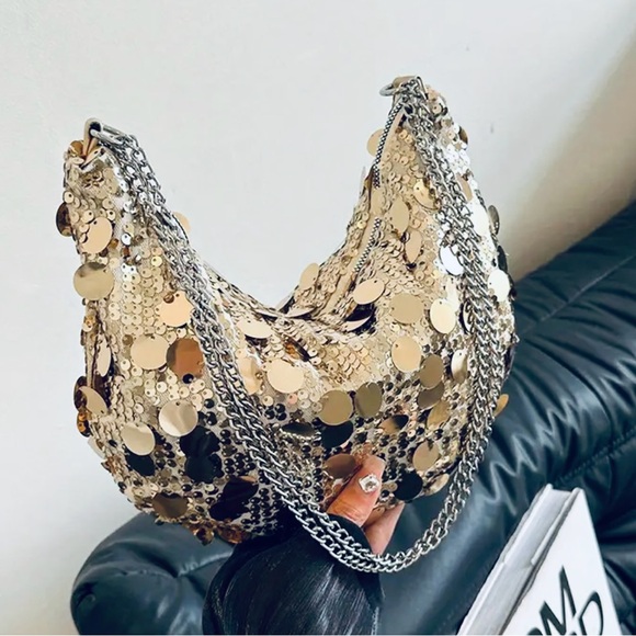 NEW GOLD SEQUIN HANDBAG-NEW-SHOULDER, CROSSBODY, CLUTCH-SHIMMERING SPARKLING - Picture 6 of 7